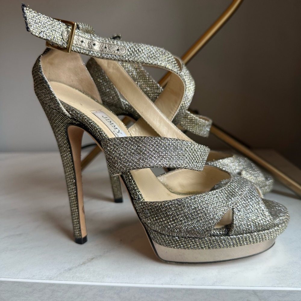Jimmy Choo Gold and Silver Heels with Elegant Platform